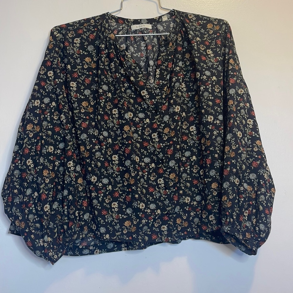 Doen Black Floral V-Neck Blouse with Red and Cream Flowers